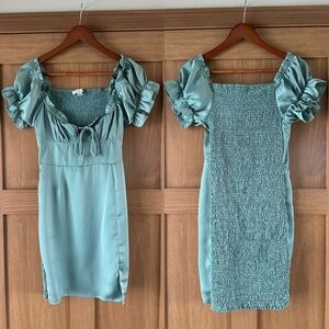 HYFVE Milkmaid Thigh Slit Smocked Back Ruffle Satin Mini Dress size Large​​